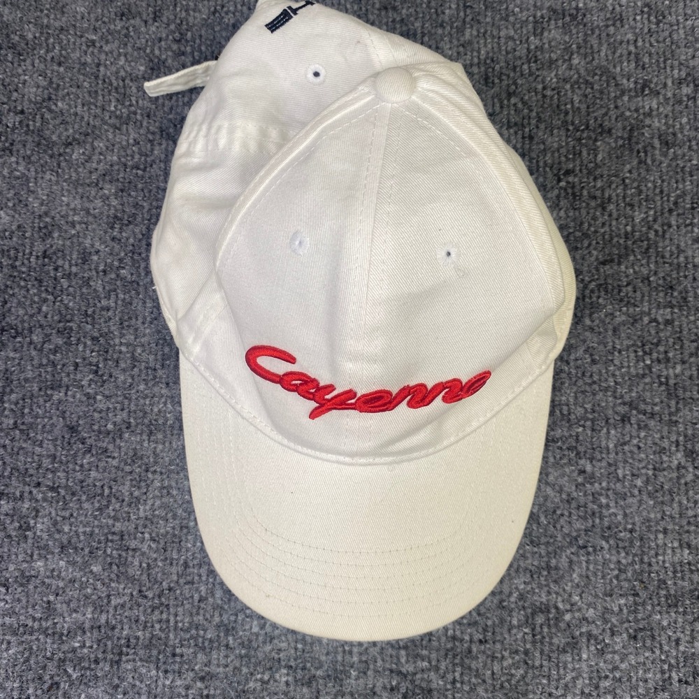 Porsche Cayenne Hat White Red Script Adjustable Strapback Baseball Cap Mens